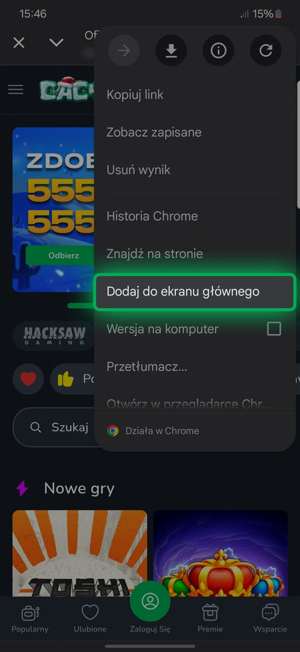 Poznaj jak dodać Cactus Casino do ekranu głównego.