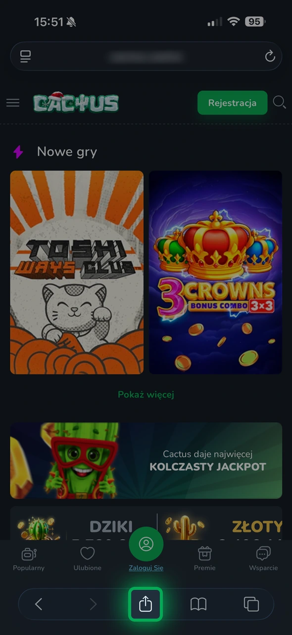 Poznaj jak kliknąć strzałkę w górę, aby zrobić PWA Cactus Casino.