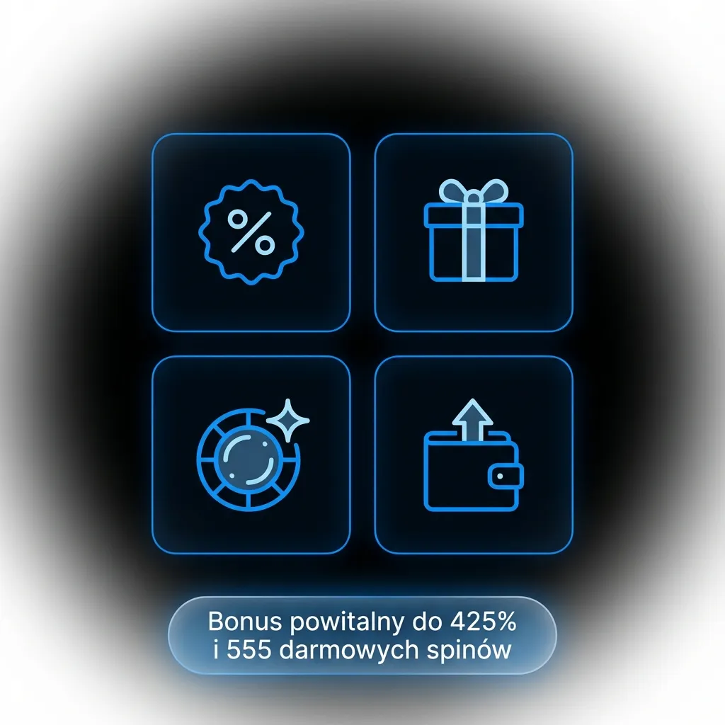 Grafika promująca pakiet powitalny kasyna online: bonus do 425% i 555 darmowych spinów dla nowych graczy z Polski