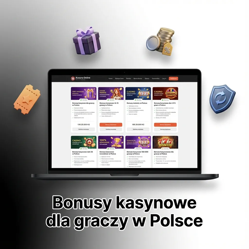 Grafika promująca bonusy kasynowe w Polsce: depozyty, darmowe spiny, cashback i turnieje na slotach