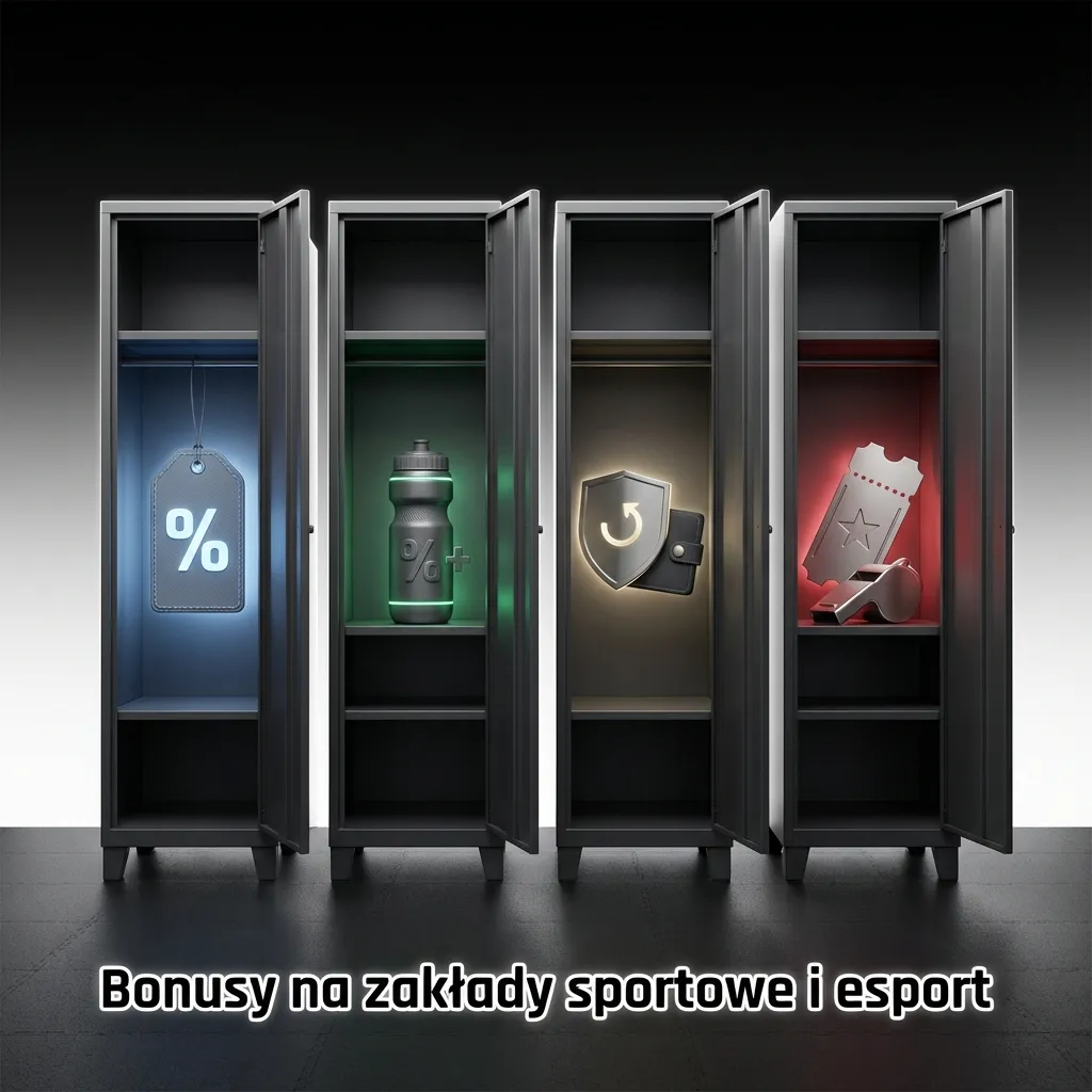 Grafika promująca bonusy na zakłady sportowe i esport: depozyt, zakład bez ryzyka, podwyższone kursy
