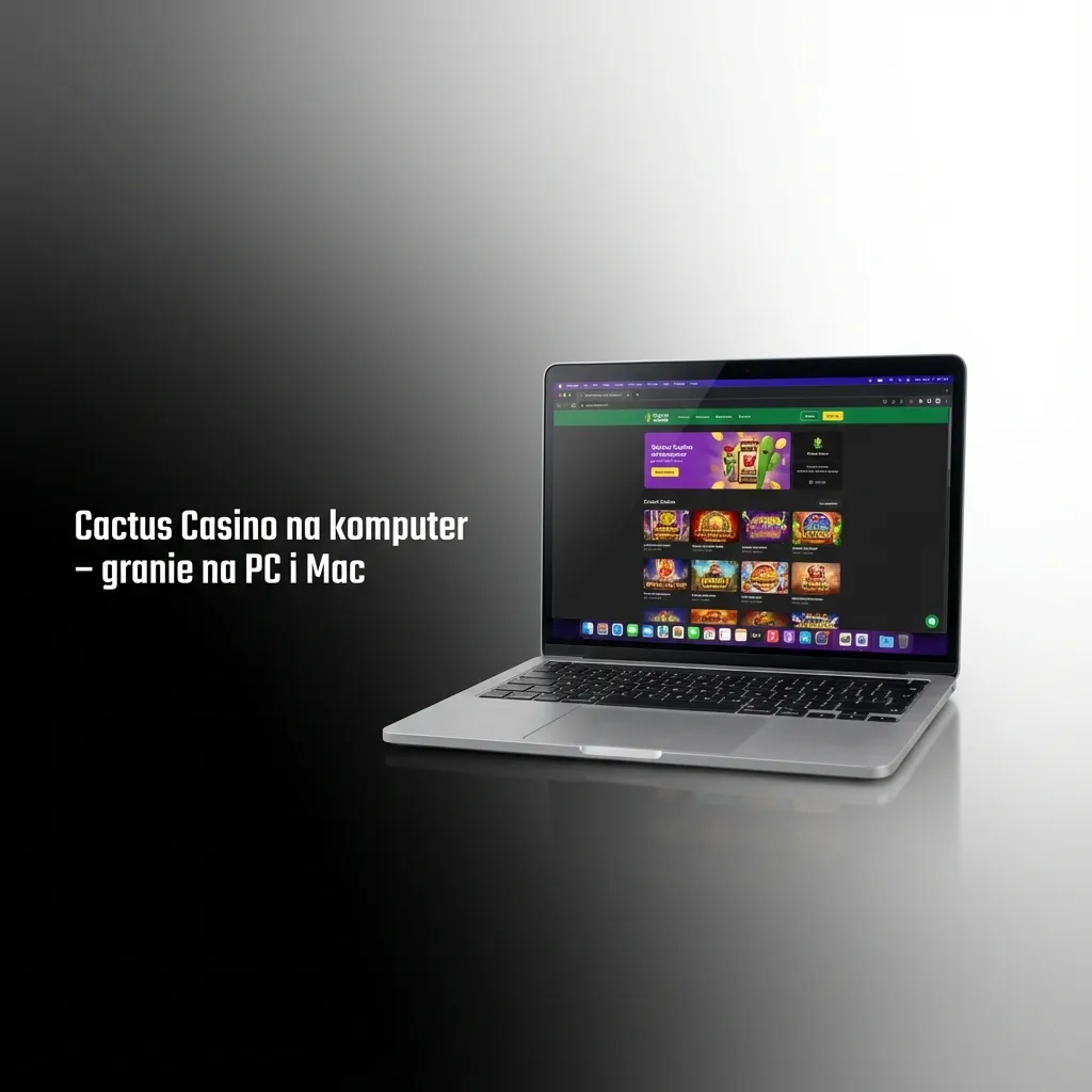 Ekran komputera z otwartą stroną Cactus Casino, widoczne gry kasynowe i zakłady sportowe na dużym monitorze