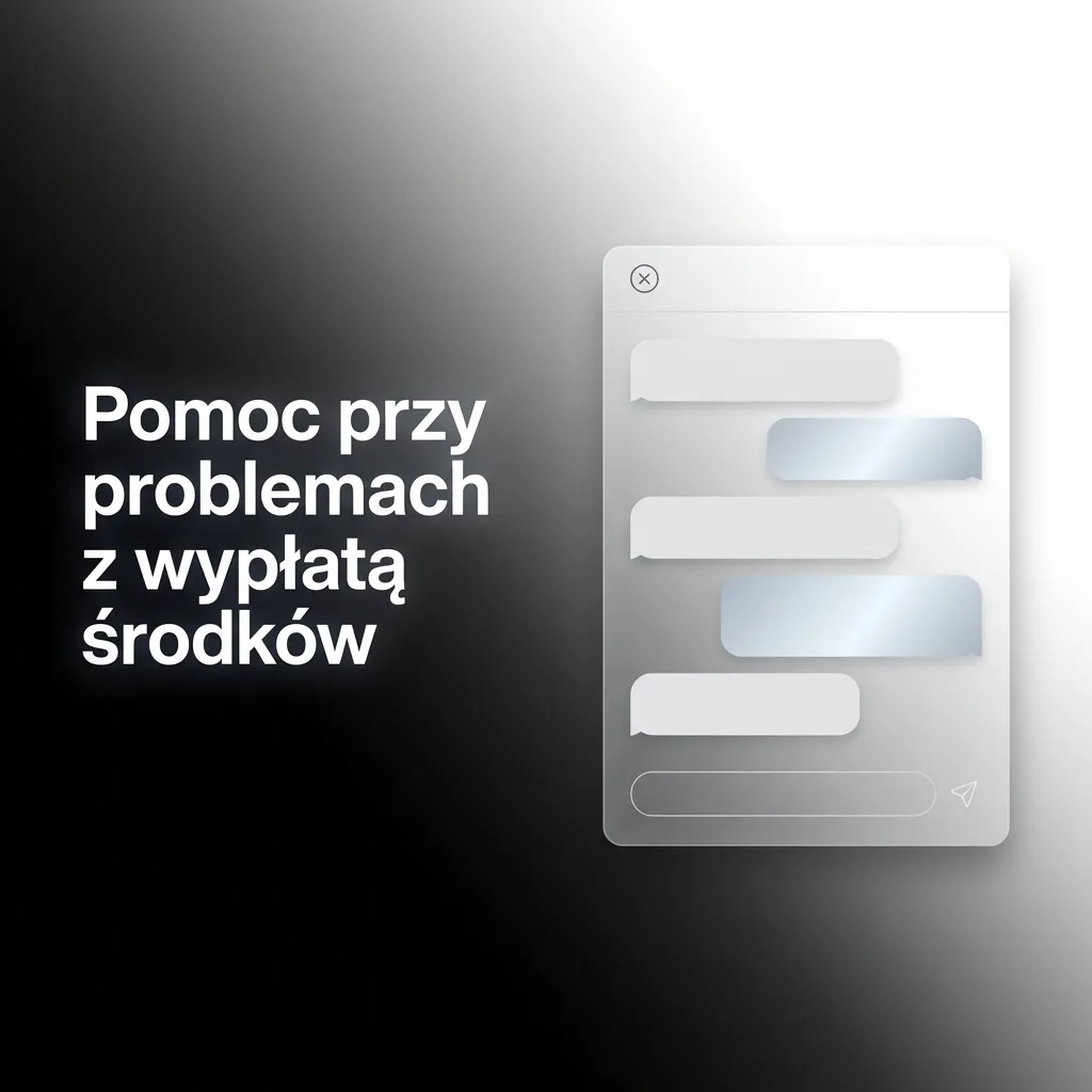 Ilustracja wsparcia przy wypłacie środków: czat na żywo, e-mail, formularz kontaktowy i centrum pomocy FAQ.