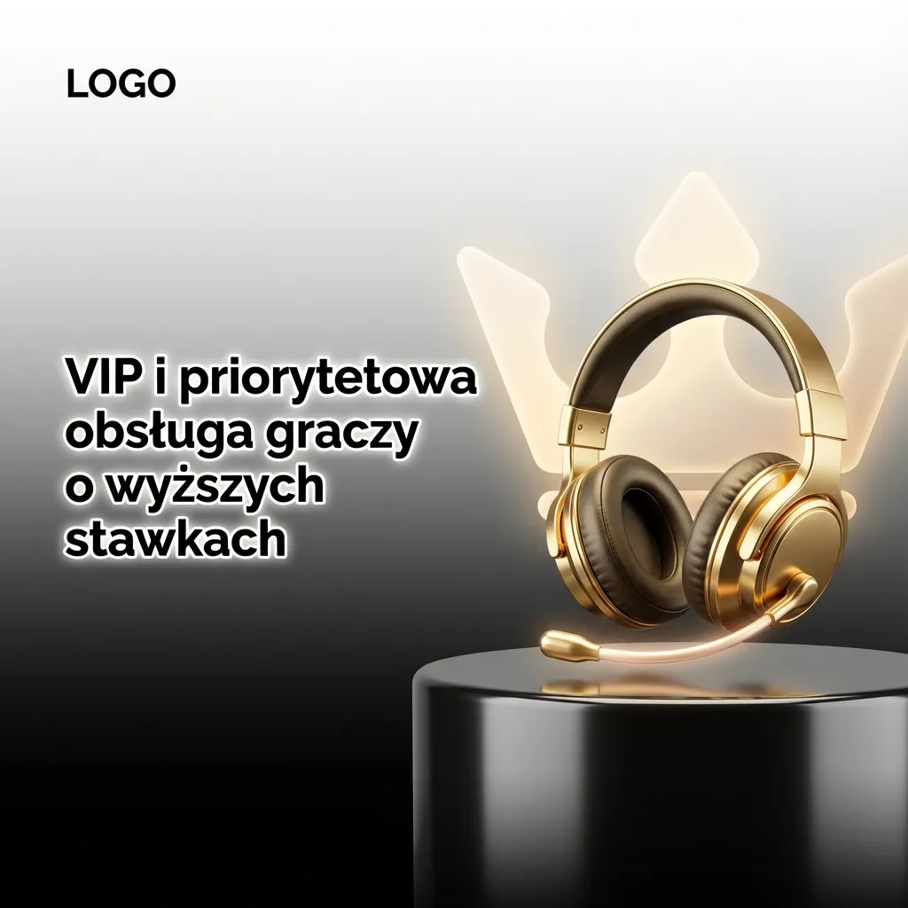 Ilustracja VIP: gracz high roller z koroną, słuchawkami i ikonami czatu, telefonu i e‑maila priorytetowej obsługi