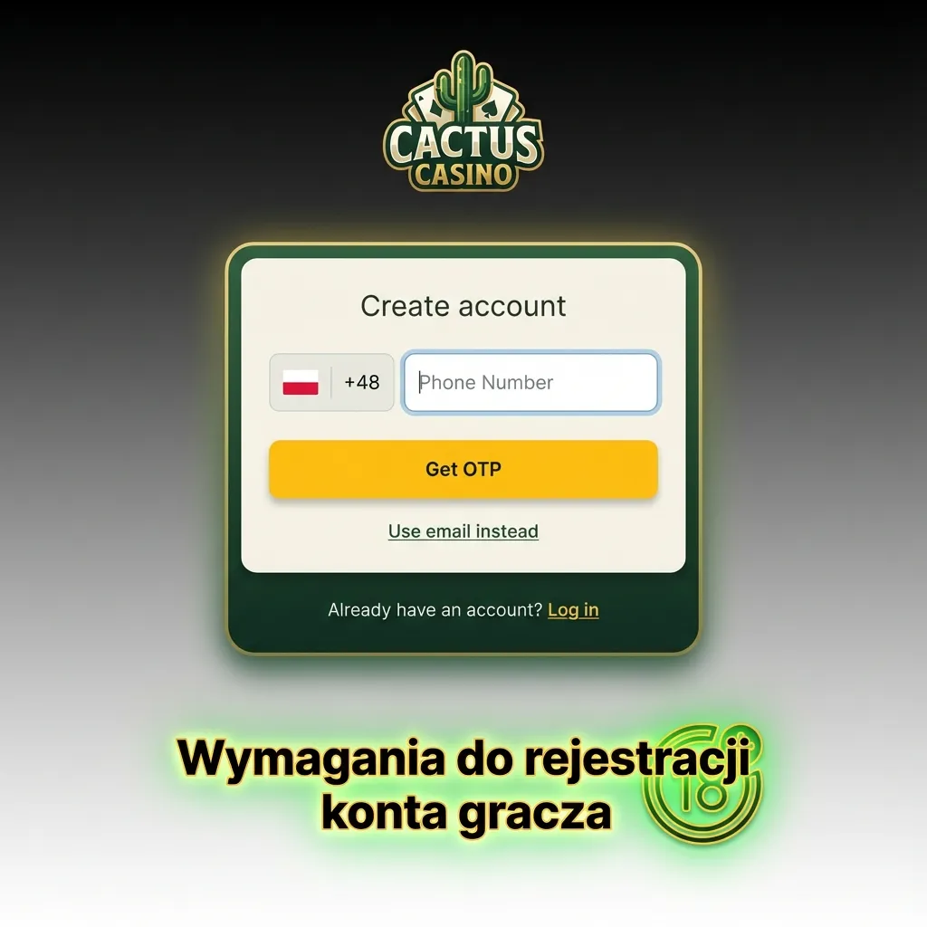 Infografika: wymagania rejestracji konta gracza – wiek 18+, prawdziwe dane, jeden profil, weryfikacja dokumentów, brak blokady