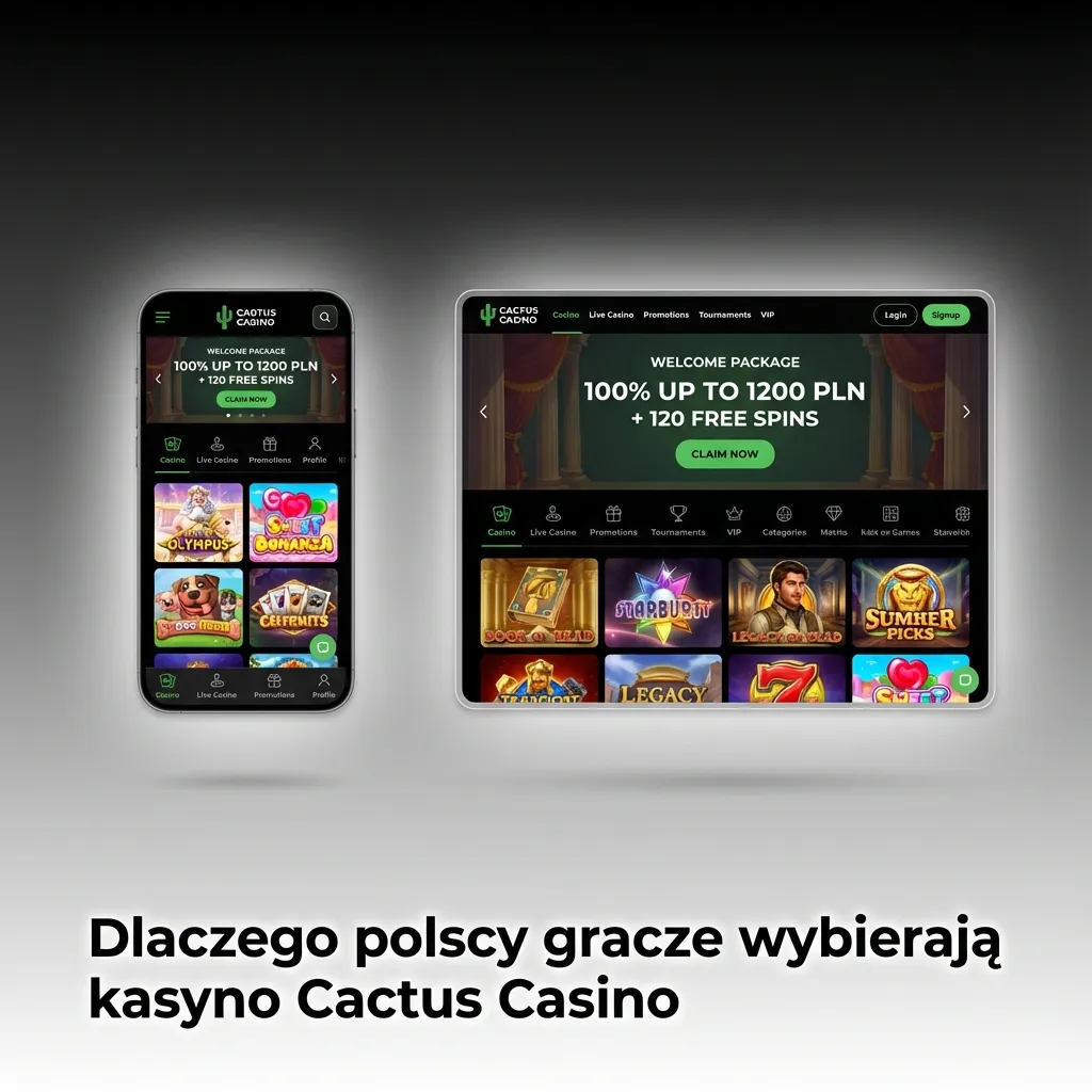 Infografika Cactus Casino: polskie płatności BLIK, bonus powitalny, polski interfejs, szybkie wypłaty, odpowiedzialna gra