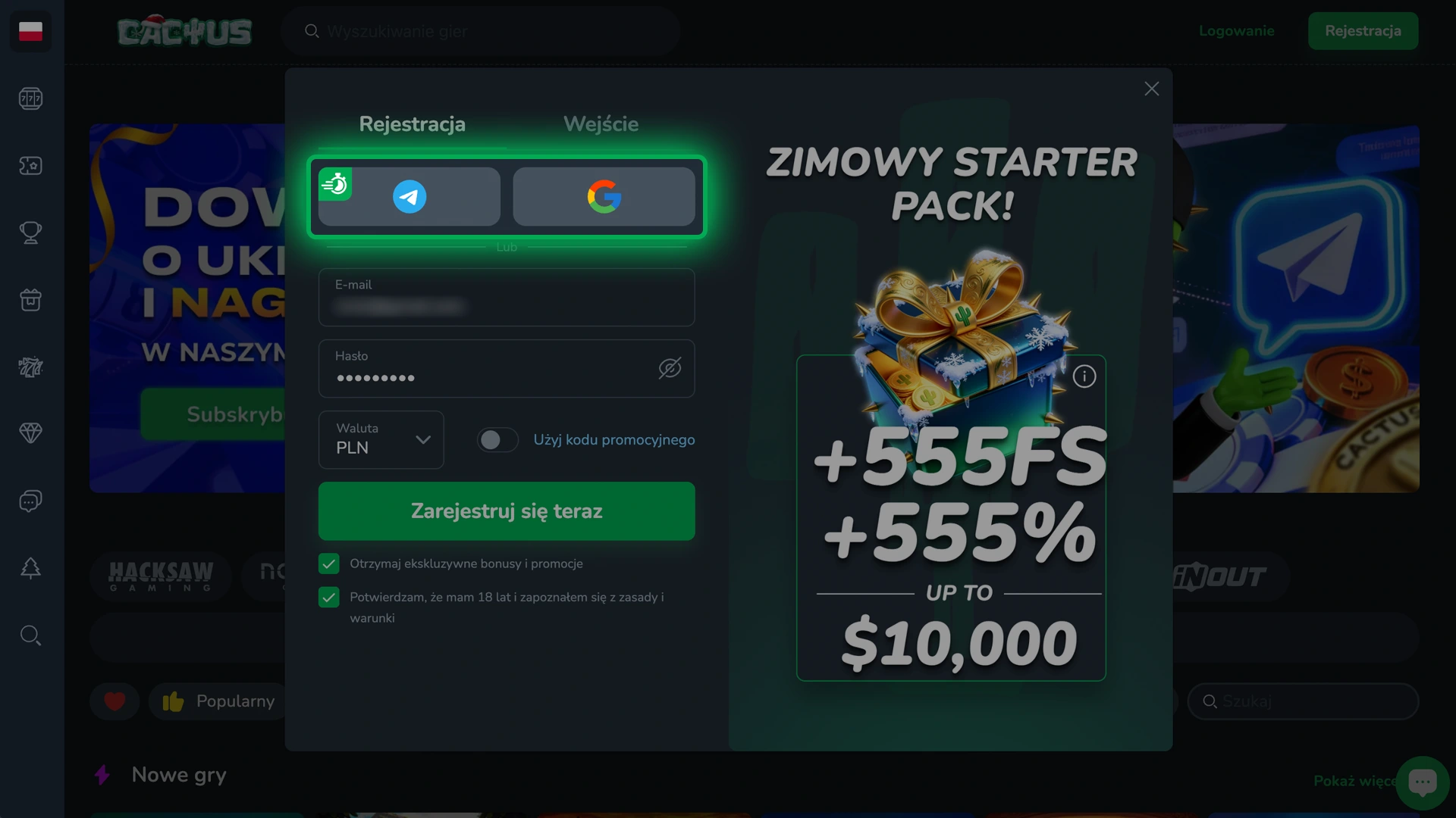 Zobacz jak skorzystać z logowania społecznościowego w Cactus Casino.