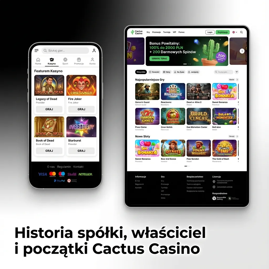 Grafika przedstawiająca Tomasza Kowalskiego i linię czasu rozwoju Cactus Casino od 2021 roku
