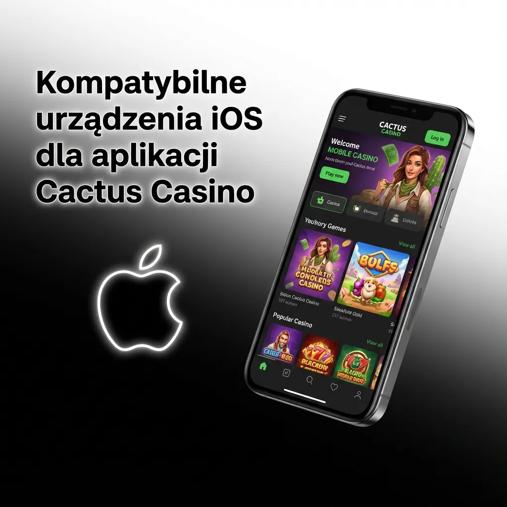 Grafika z napisami przedstawiająca kompatybilne modele iPhone X–15 dla aplikacji Cactus Casino w Polsce
