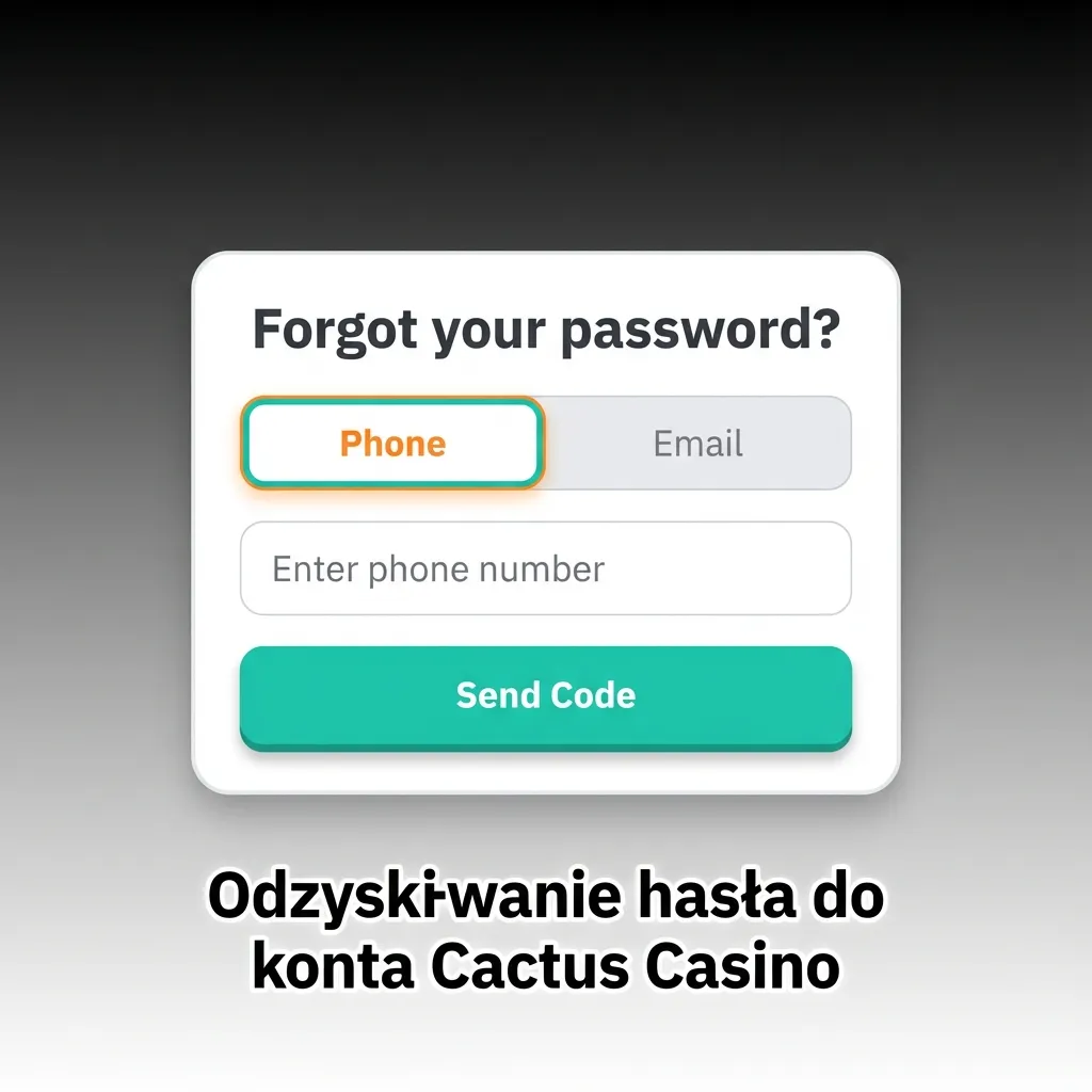 Ilustracja odzyskiwania hasła w Cactus Casino: ekran logowania, e-mail/SMS z kodem i ustawianie nowego hasła