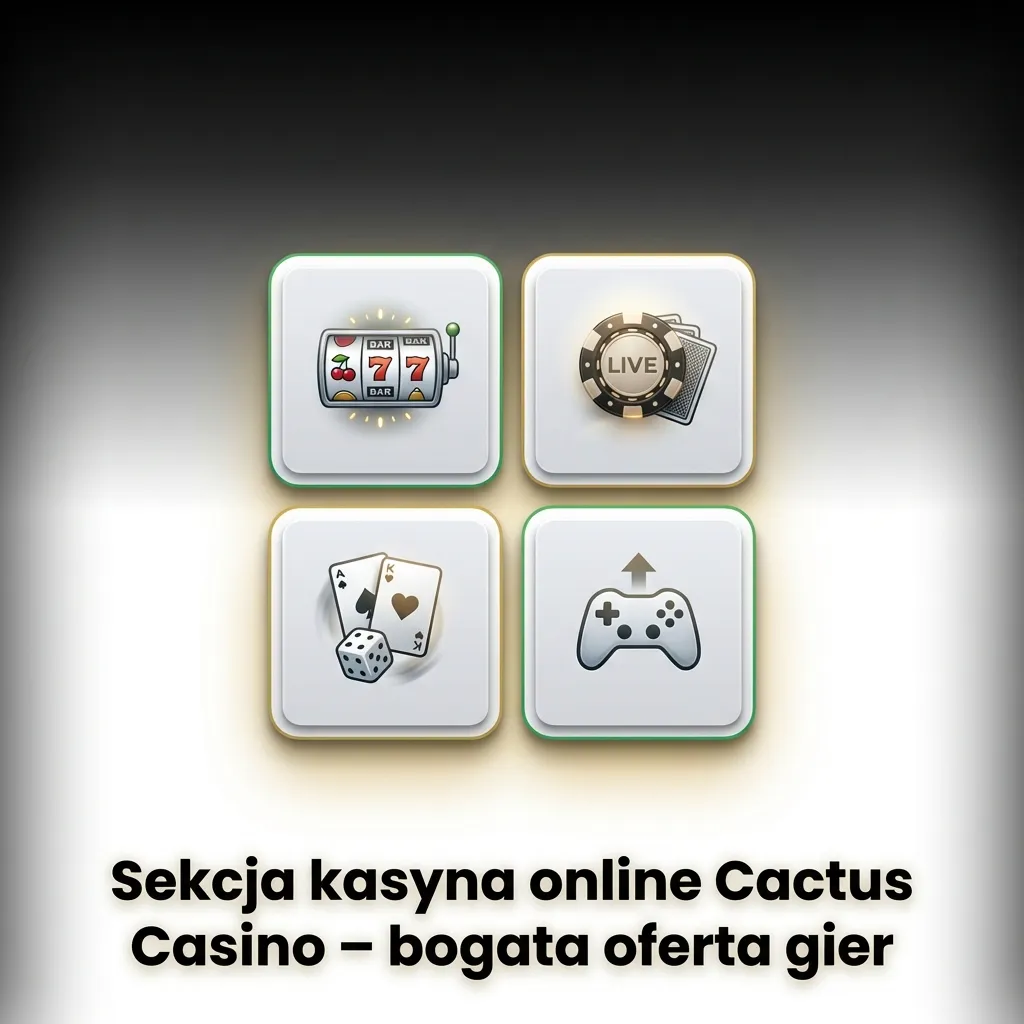 Ekran lobby Cactus Casino z kategoriami gier: sloty wideo, klasyczne, stołowe, ruletka, karciane, crash i instant